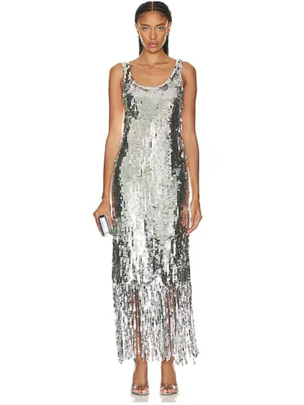 SIMKHAI Ayala Gown Silver Sequin Fringe Dress NWT  - Size 2